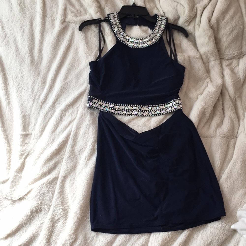 Navy blue two piece prom dress